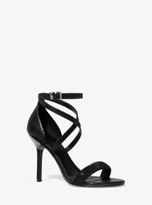Damske Sandále Michael Kors Astrid Embellished Snake Embossed Leather Čierne - Topanky Michael Kors Levně | KXOTG-9186